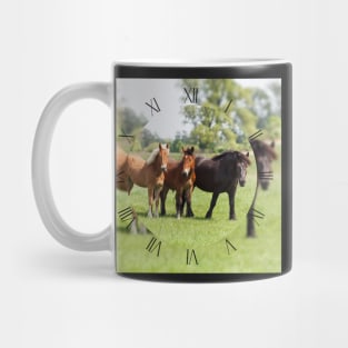 Three horses on pasture looking at camera Mug